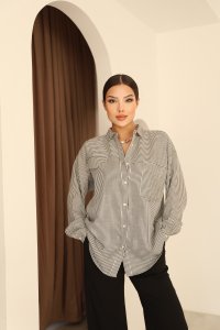 Siyah Beyaz Çizgili Cep Detaylı Pamuklu Kadın Gömlek