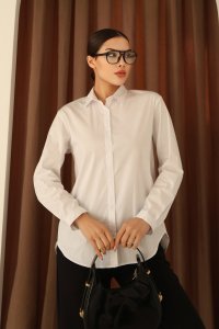 Beyaz Renk Poplin Kadın Gömlek| Cepsiz, Likralı