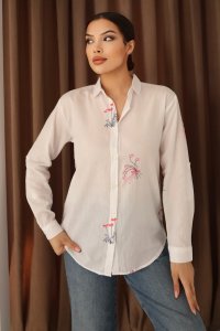 Çiçek Desenli Nakışlı Vual Pamuklu Kadın Gömlek