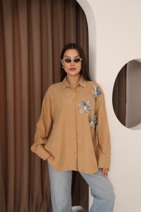 Cupro Kumaş Çiçek Aplikeli Kahverengi Gömlek