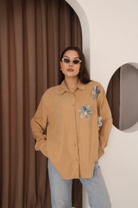 Cupro Kumaş Çiçek Aplikeli Kahverengi Gömlek