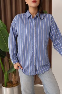 Beyaz Çizgili Mavi Renk Kadın Gömlek
